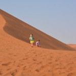 Two people are walking up a sand dune.